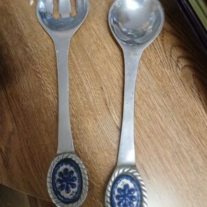 VINTAGE Delft Style Ceramic Inset Salad Utensils